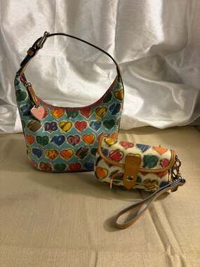 Dooney & Bourke Vintage Retro Crayon Doodle Multi-Heart Handbag and Wristlet Set